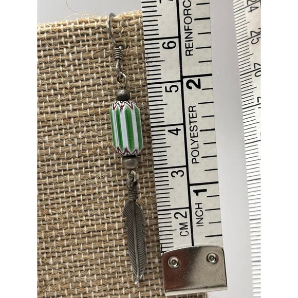 1970's Dangle Earrings with Silver Tone Feather and Bead - Picture 4 of 7